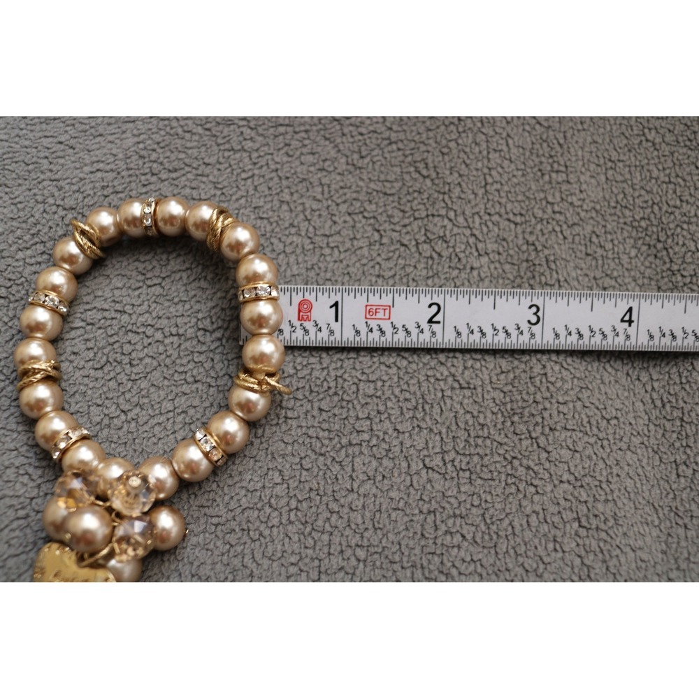 Faux Pearl Heart Charm Bracelet Women OS Champagne Excellent Stretch - Picture 5 of 5